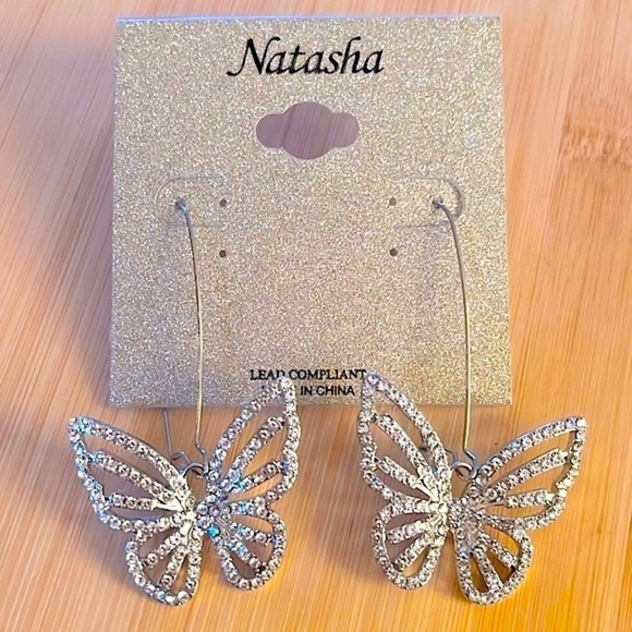 Brand New Natasha Rhinestone Butterfly Silver Tone Drop Earrings Sparkly - Picture 1 of 13
